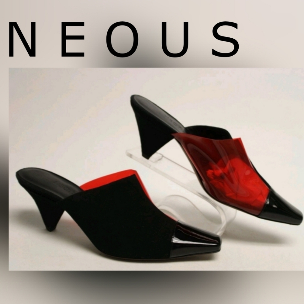 NEOUS GORGEOUS Italy Made   Black Red Acetate Suede Mules Pumps Heels 38 8